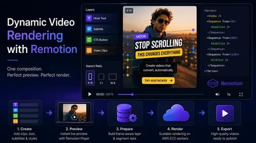 Adstacker dynamic video rendering with Remotion, showing a video editor preview with layered text, subtitles, aspect-ratio controls, and code-driven video composition.